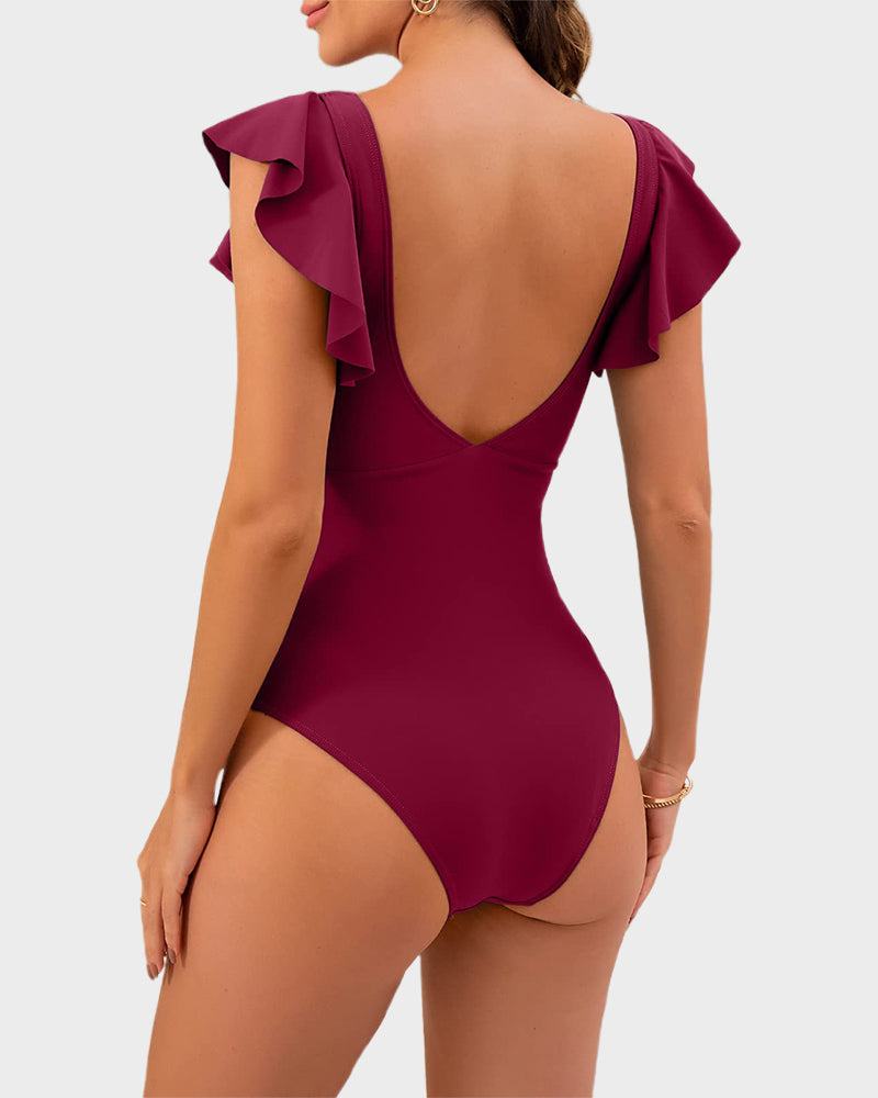 Ruffle Sleeve Cut-Out One-Piece Swimsuit