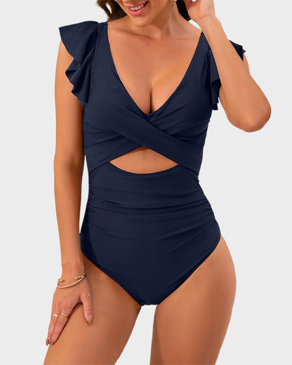 Ruffle Sleeve Cut-Out One-Piece Swimsuit