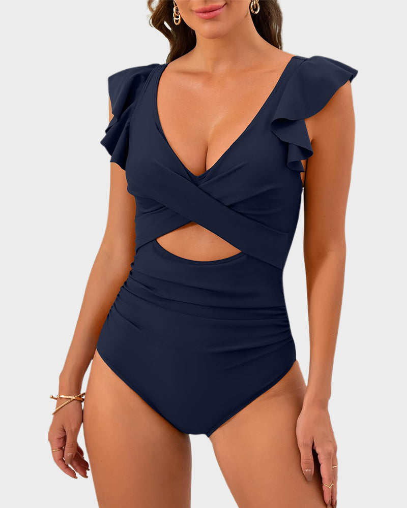 Ruffle Sleeve Cut-Out One-Piece Swimsuit